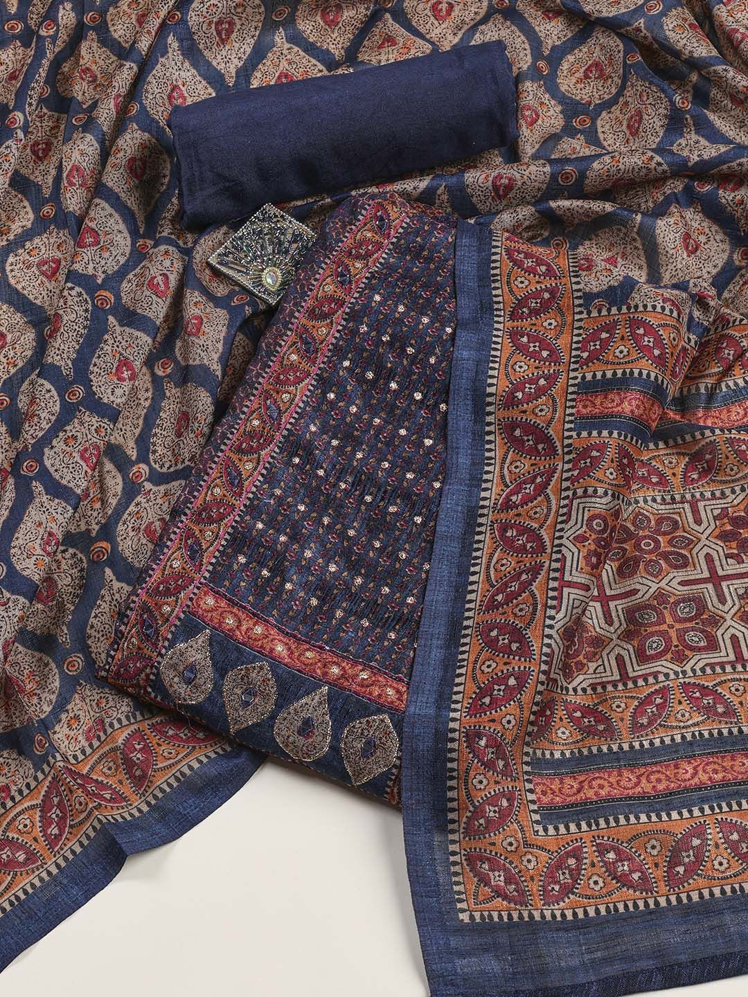 

Meena Bazaar Printed Art Silk Unstitched Dress Material, Blue