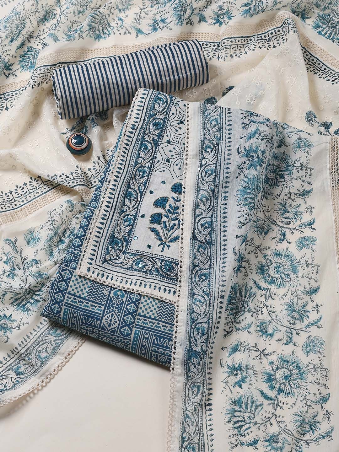 

Meena Bazaar Printed Unstitched Dress Material, Blue