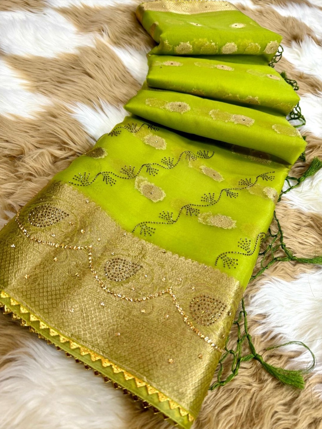 

DIVASTRI Embellished Beads and Stones Organza Banarasi Saree, Green