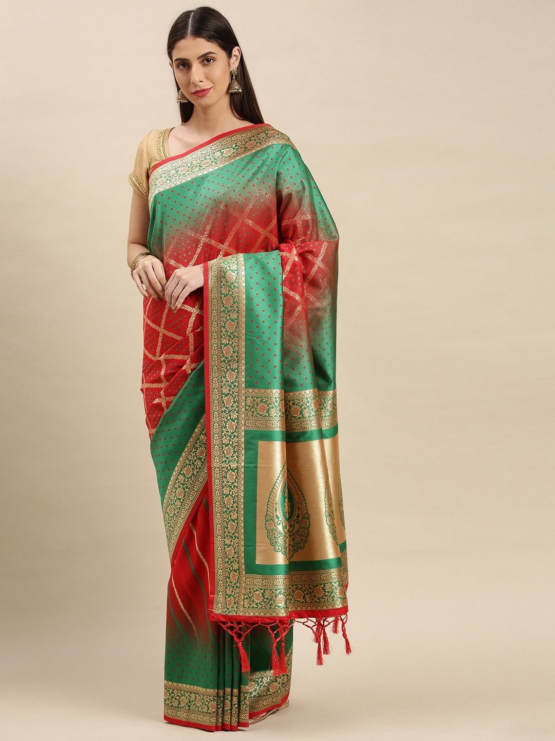 

flaher Woven Design Ethnic Motifs Zari Banarasi Saree, Red