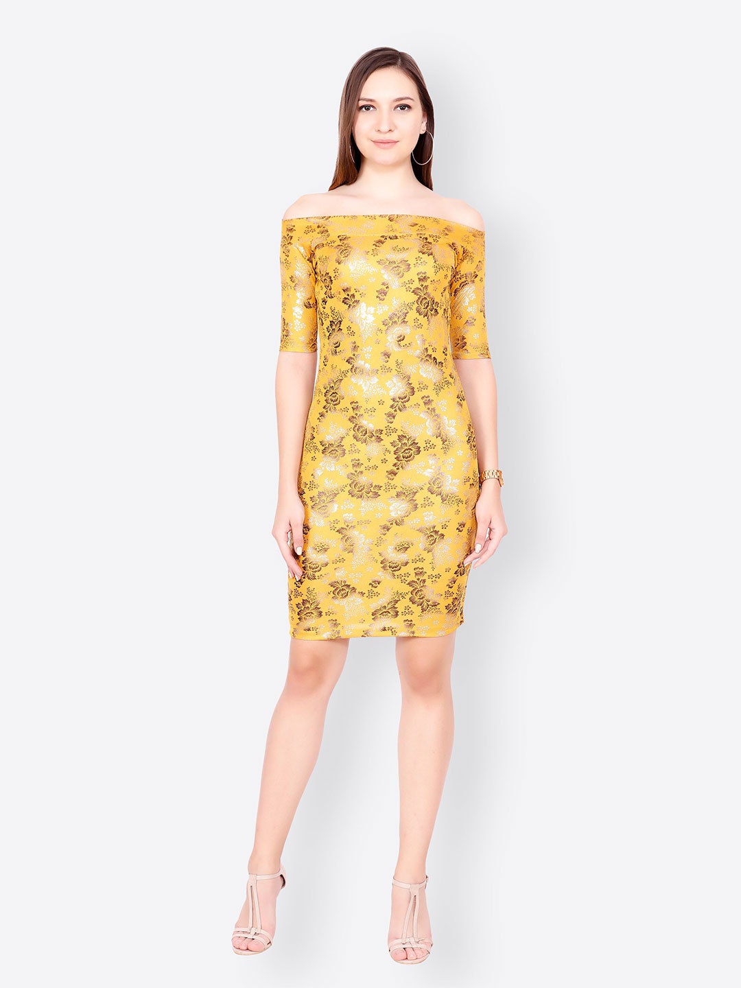 

BAESD Women Floral Off-Shoulder Bodycon Dress, Yellow