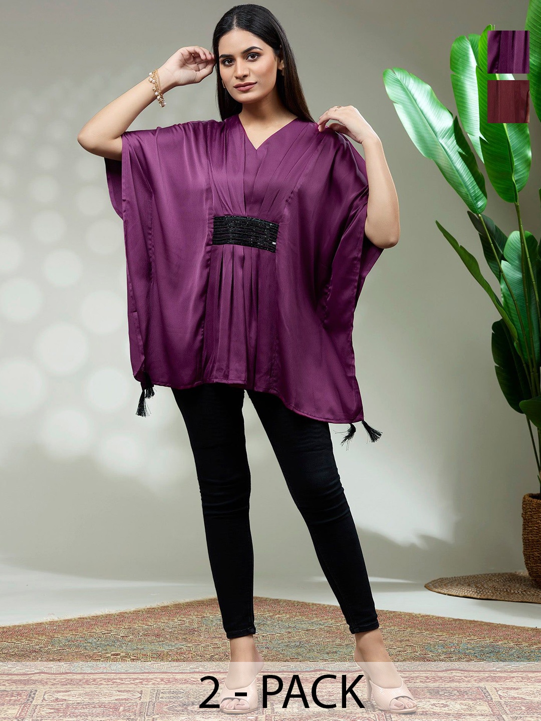 

FREYAA Women Pack Of 2 Pleated Embellished Kaftan Top, Purple