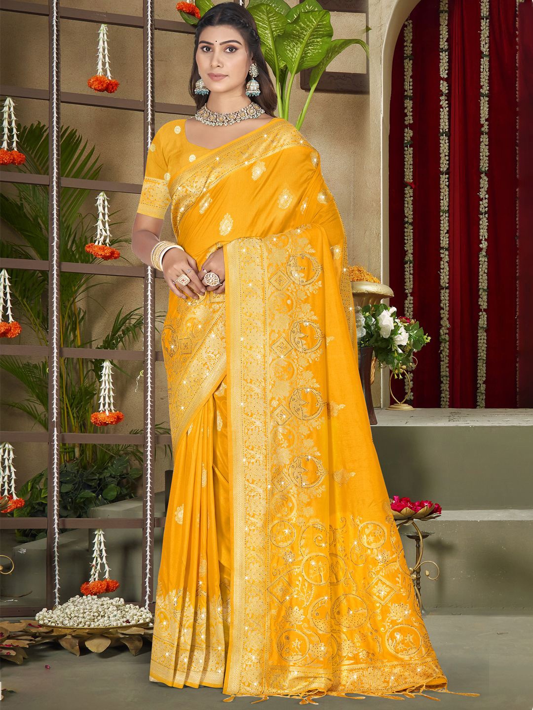 

SANGAM PRINTS Floral Beads and Stones Banarasi Saree, Yellow