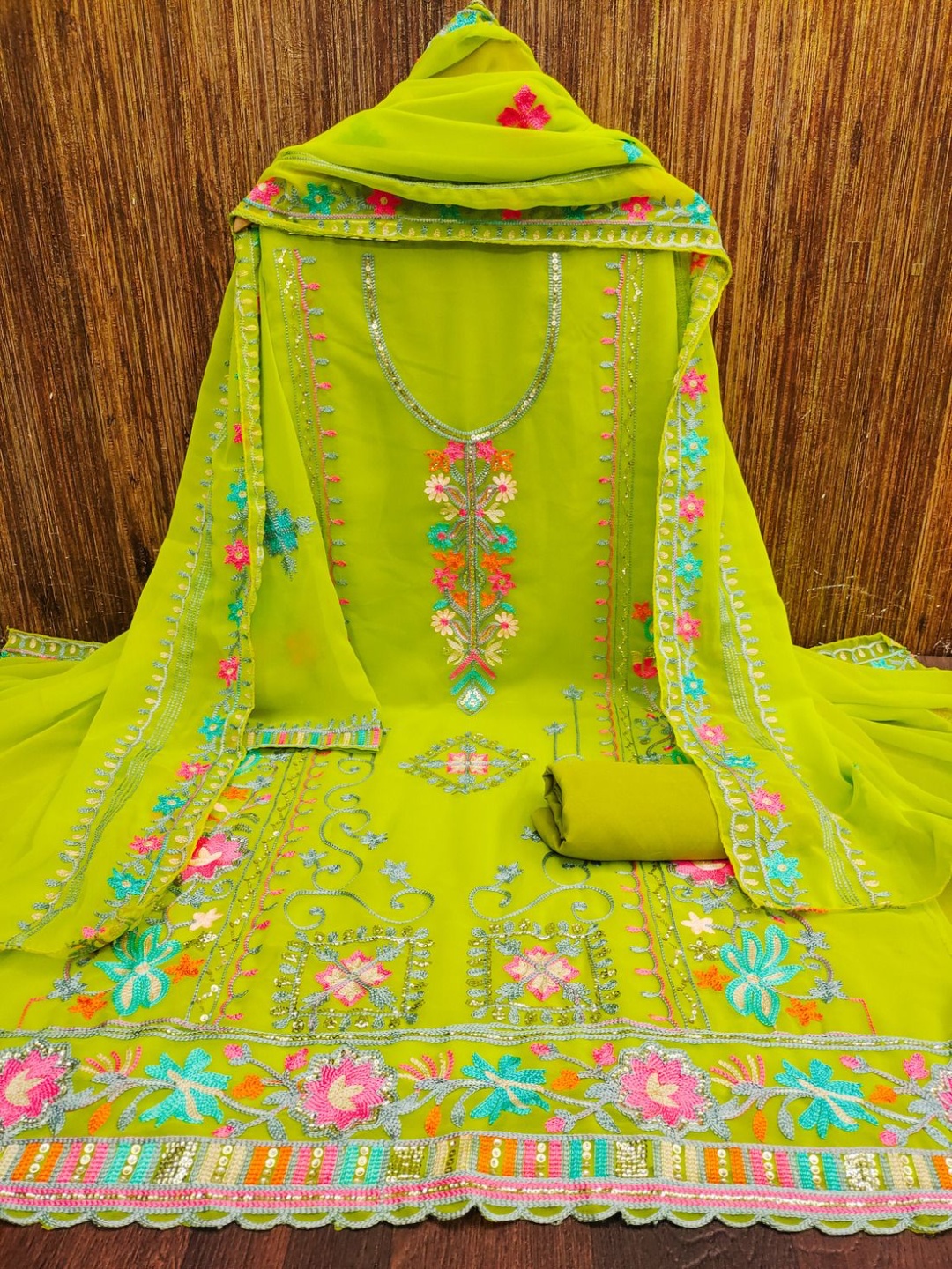 

A TO Z CART Floral Embroidered Silk Georgette Unstitched Dress Material, Lime green