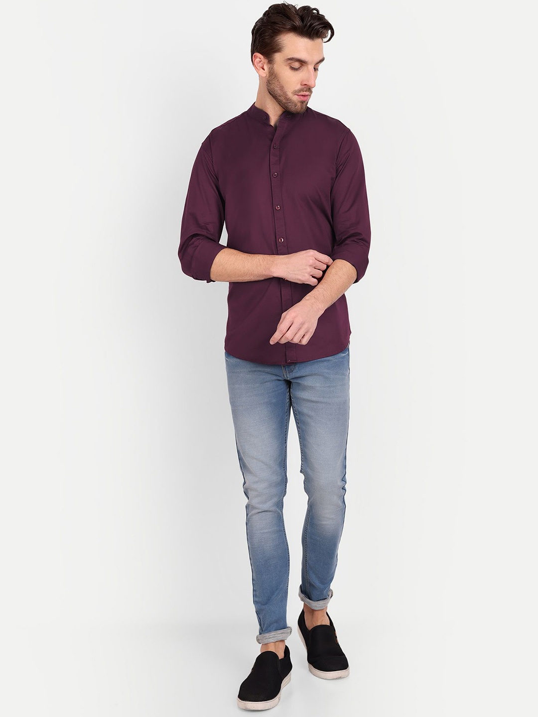 

Mast & Harbour Men India Slim Fit Band Collar Solid Cotton Casual Shirt, Magenta