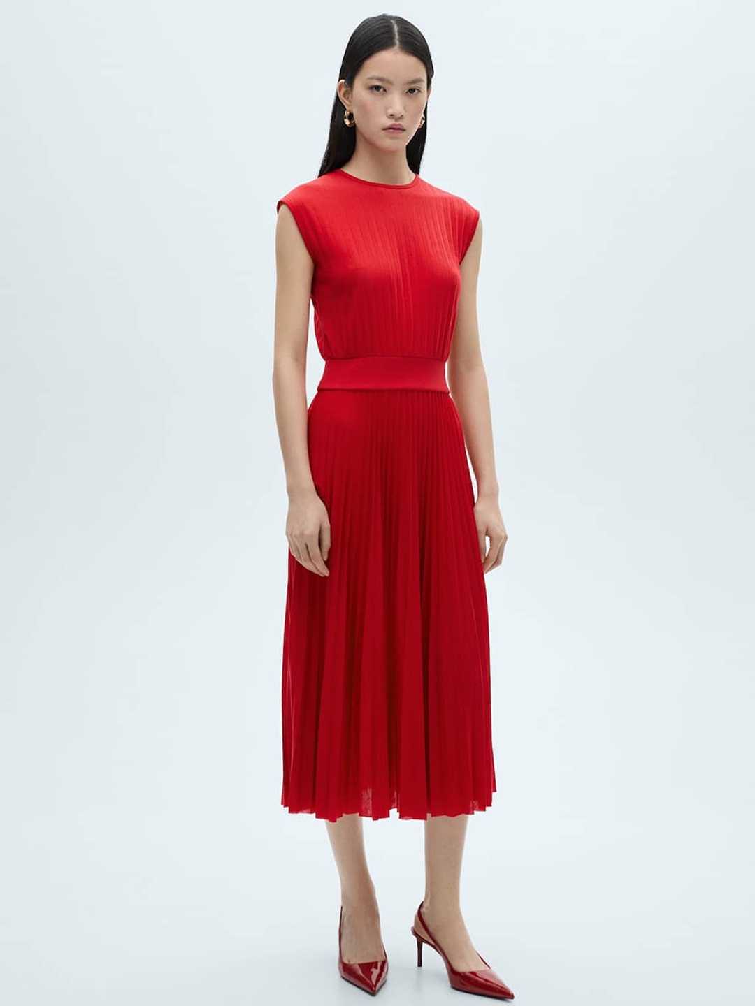 

MANGO Accordion Pleats A-Line Midi Dress, Red