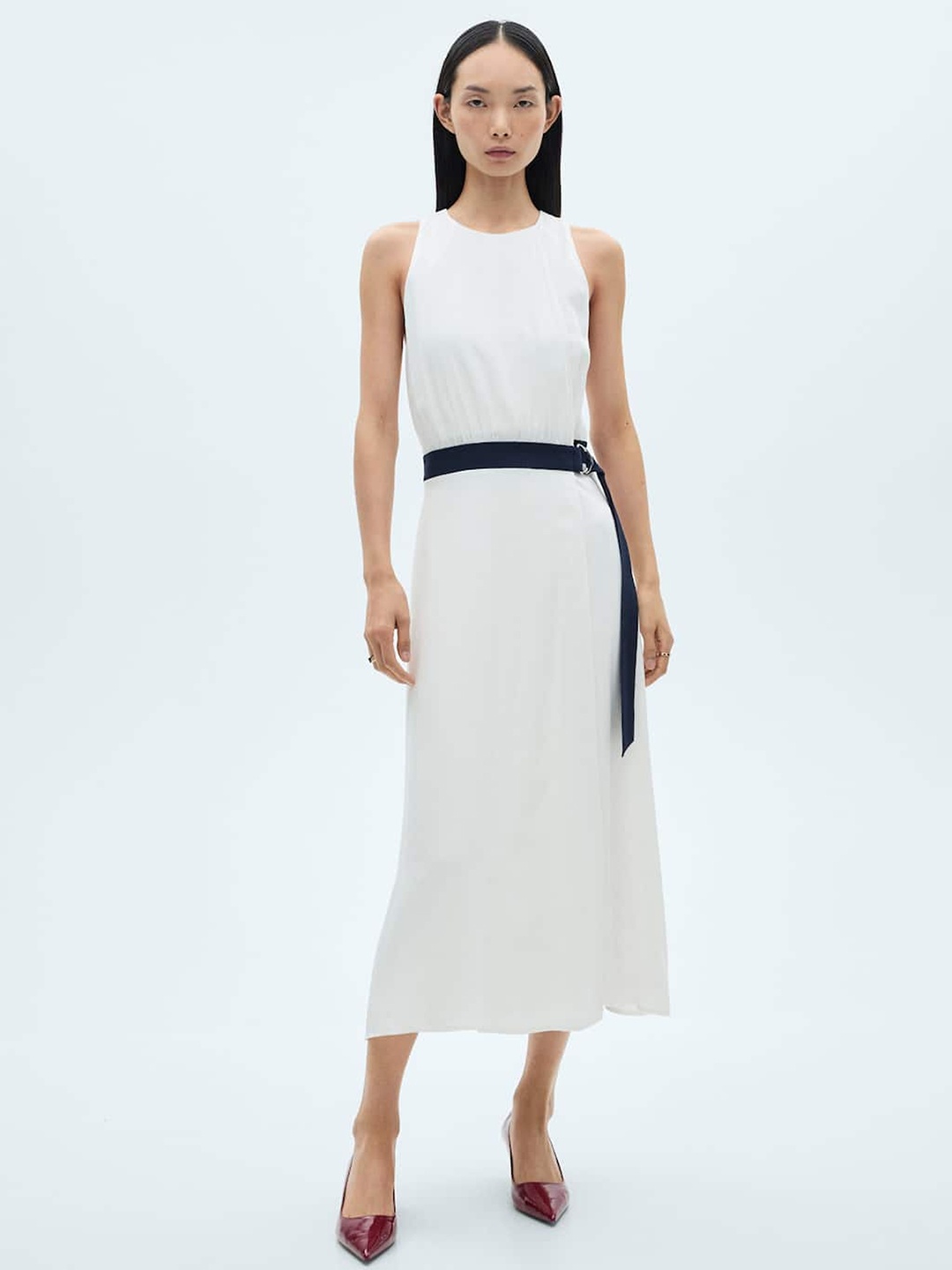 

MANGO Contrast Belt Midi Dress, White