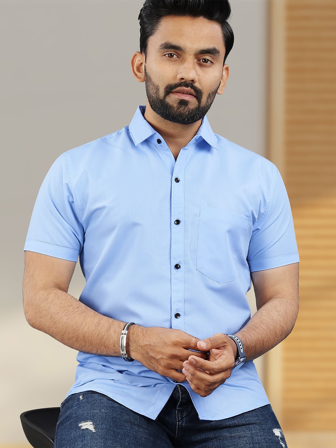 

VeBNoR Men Standard Spread Collar Casual Shirt, Blue