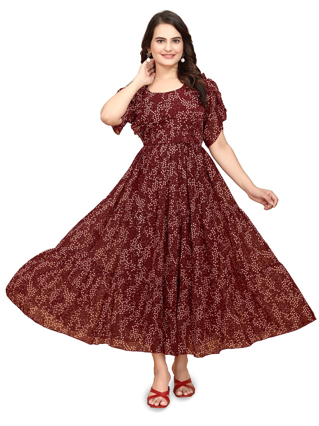 

Eightone Print Flared Sleeve Georgette Maxi Dress, Maroon