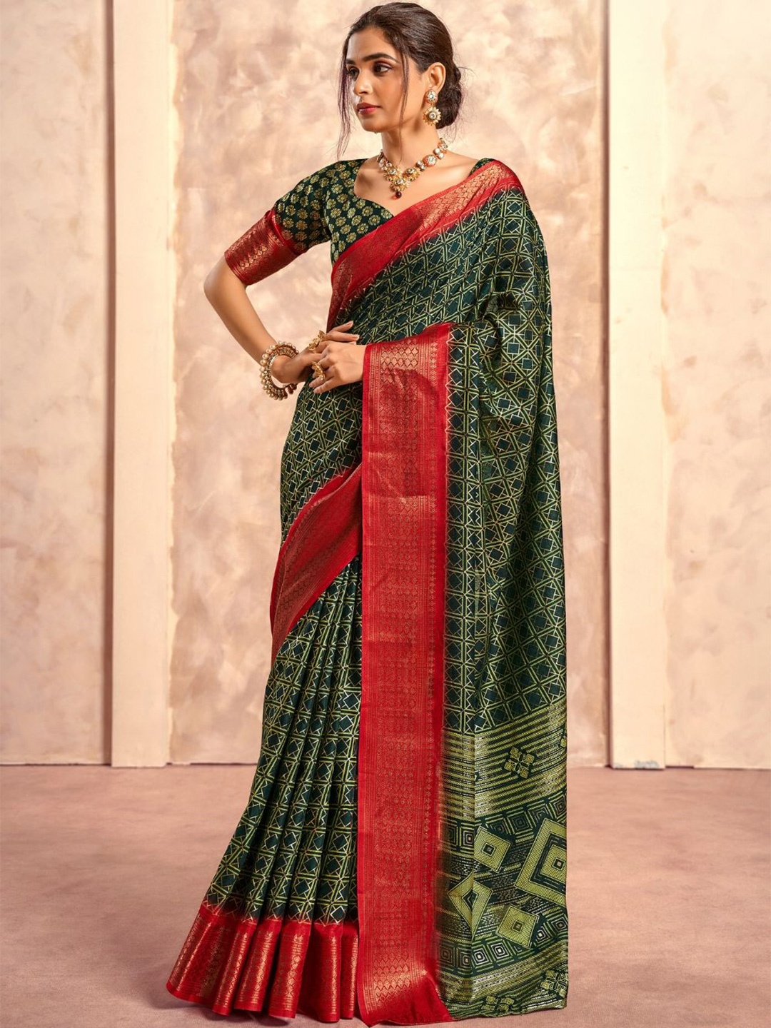 

DEVATITHI Woven Design Zari Green Soft Dola With Foil Print Saree