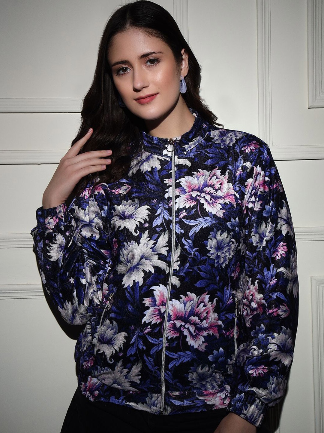 

TANDUL Women Floral Printed Mock Collar Lightweight Bomber Jacket, Navy blue