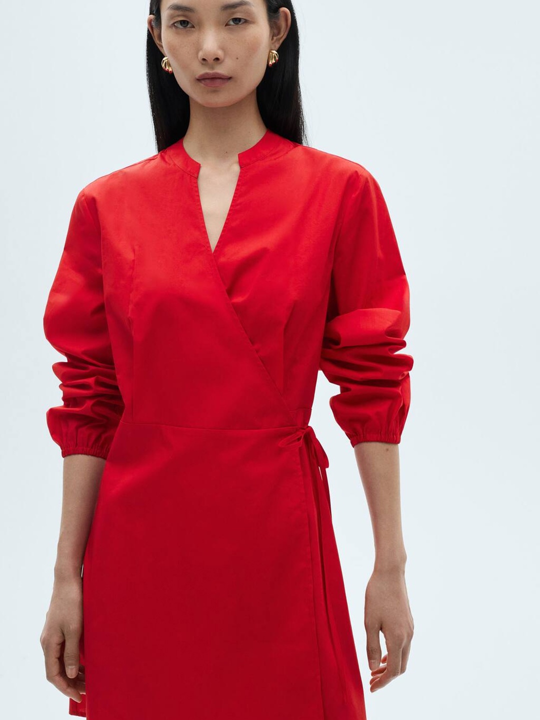 

MANGO Puff Sleeves Pure Cotton Wrap Dress, Red