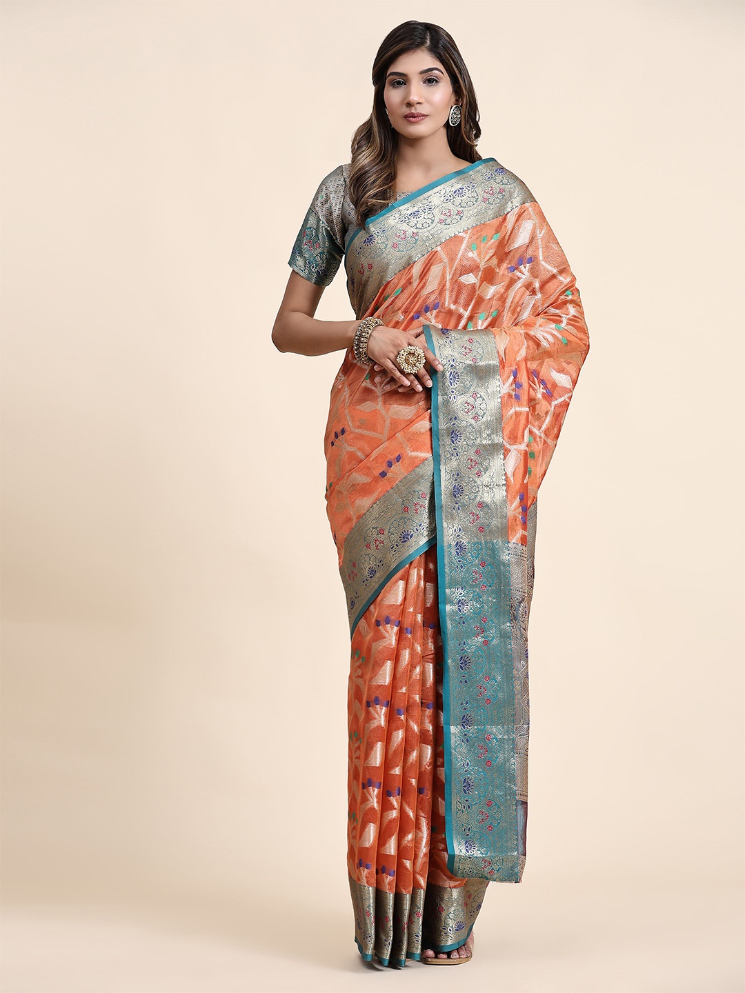 

Upalksh Woven Design Zari Pure Silk Tussar Saree, Orange