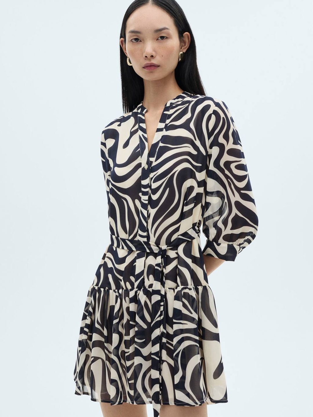 

MANGO Zebra Print Puff Sleeves Shirt Dress with Belt Detail, Black
