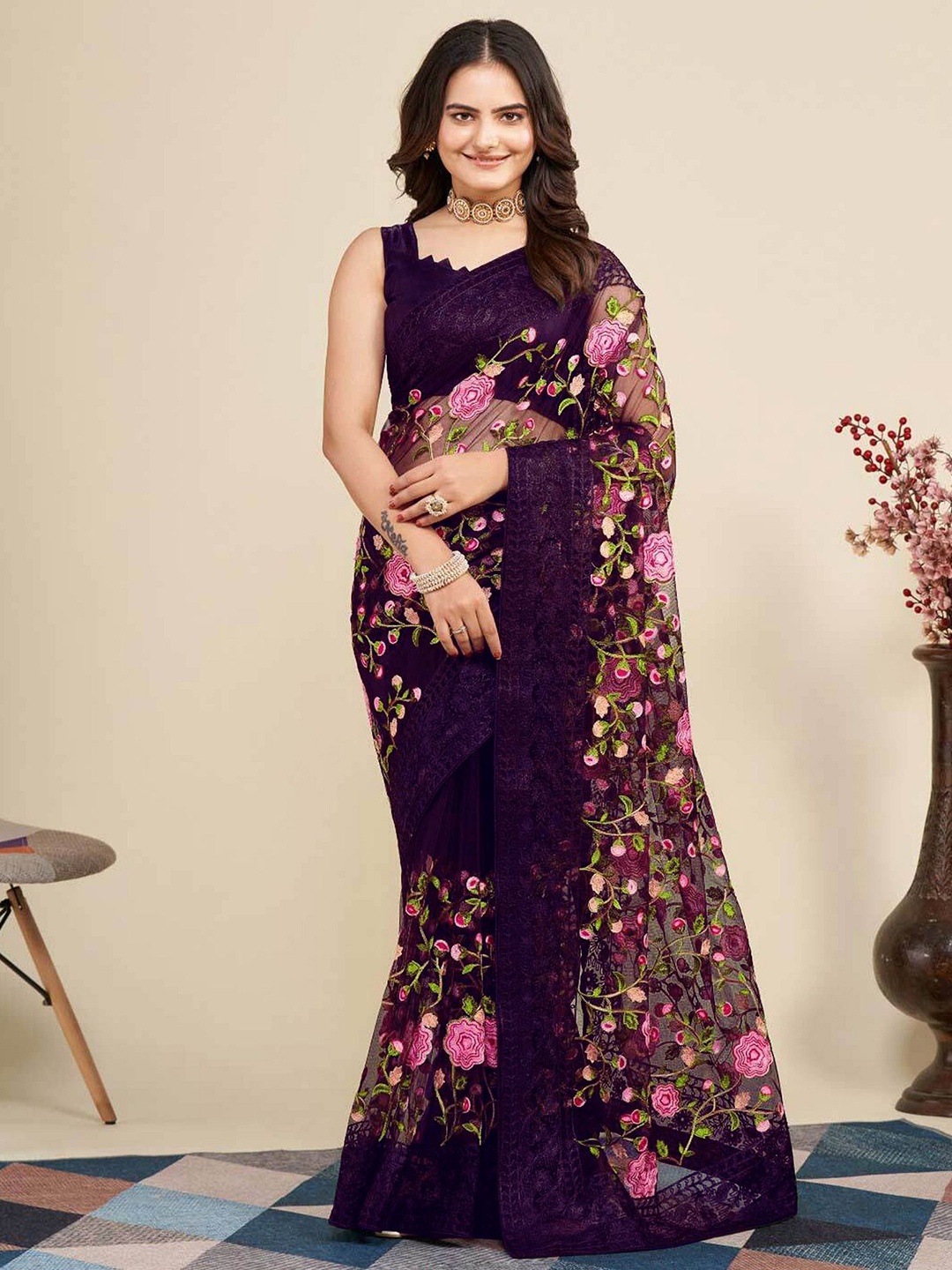 

A TO Z CART Floral Embroidered Net Saree, Purple