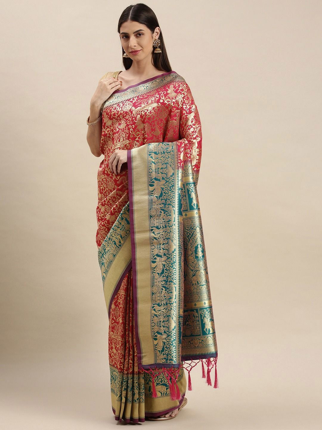 

flaher Woven Design Zari Banarasi Saree, Pink