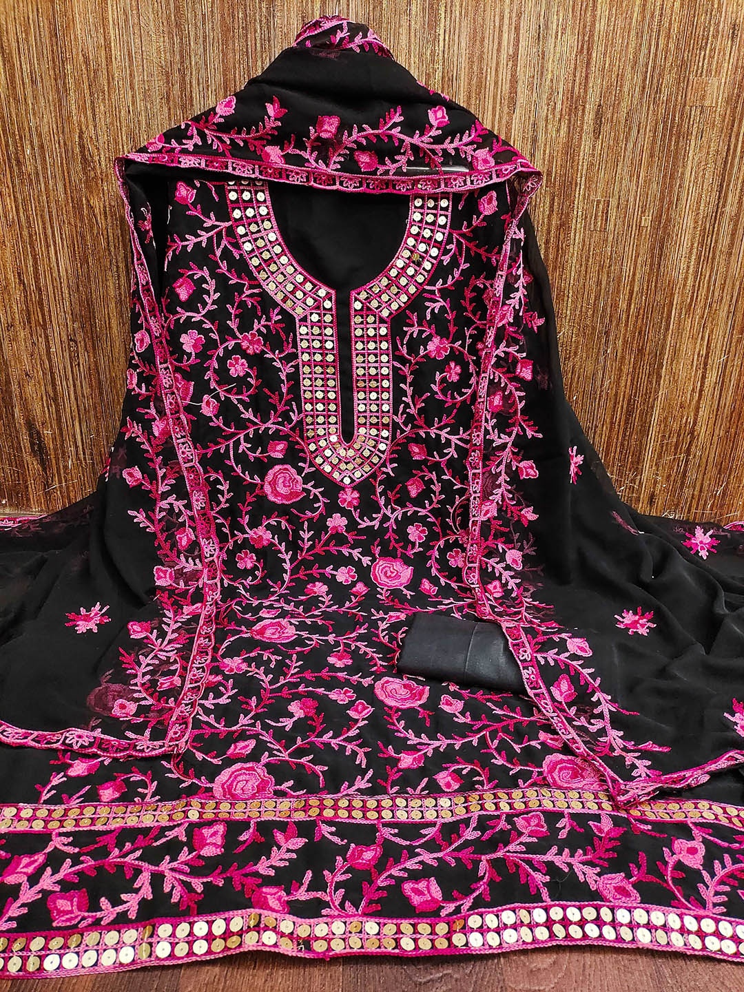 

KALINI Floral Embroidered Sequinned Silk Georgette Unstitched Dress Material, Pink