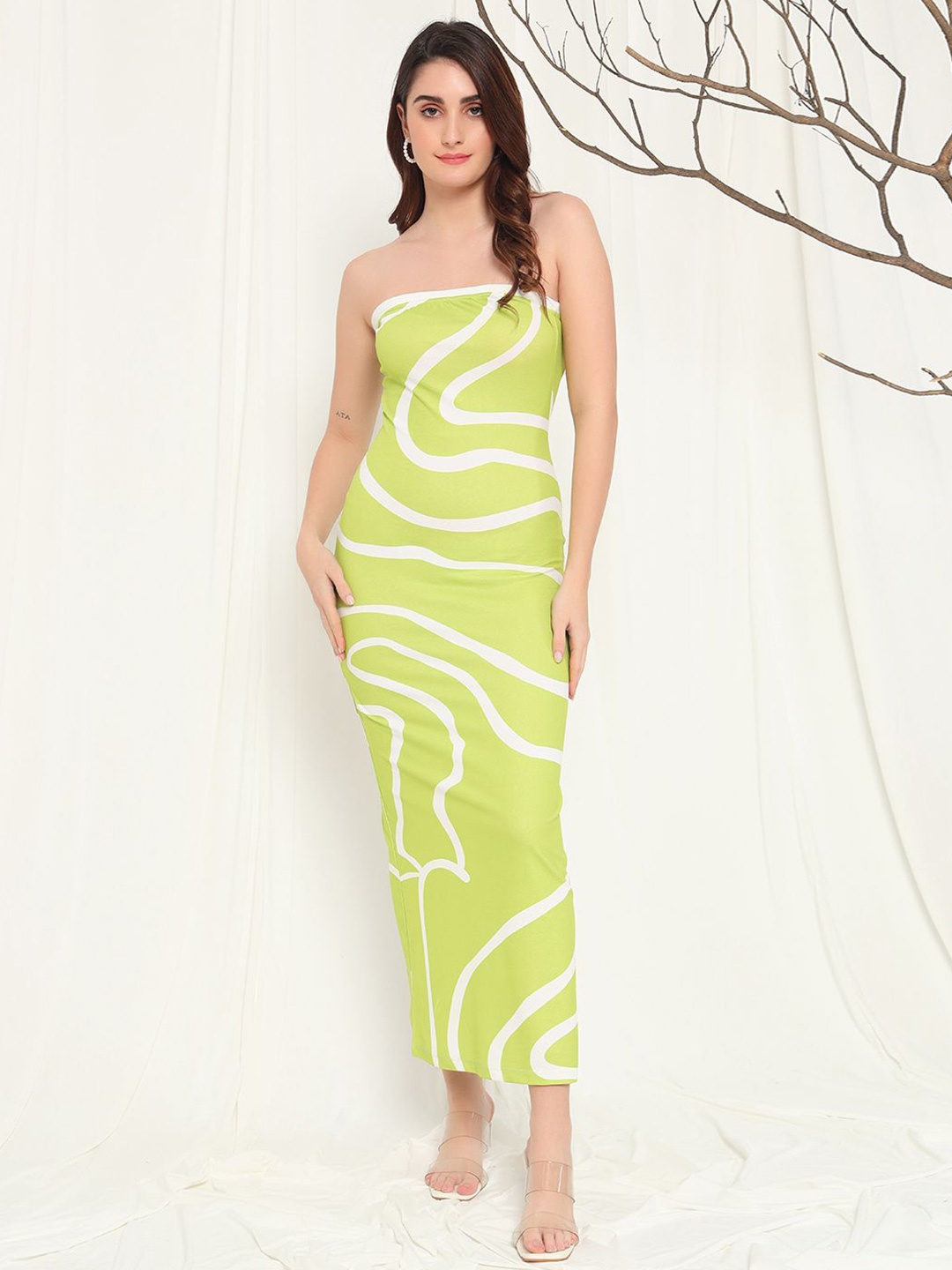 

TANDUL Women Printed Bandeau Maxi Dress, Lime green