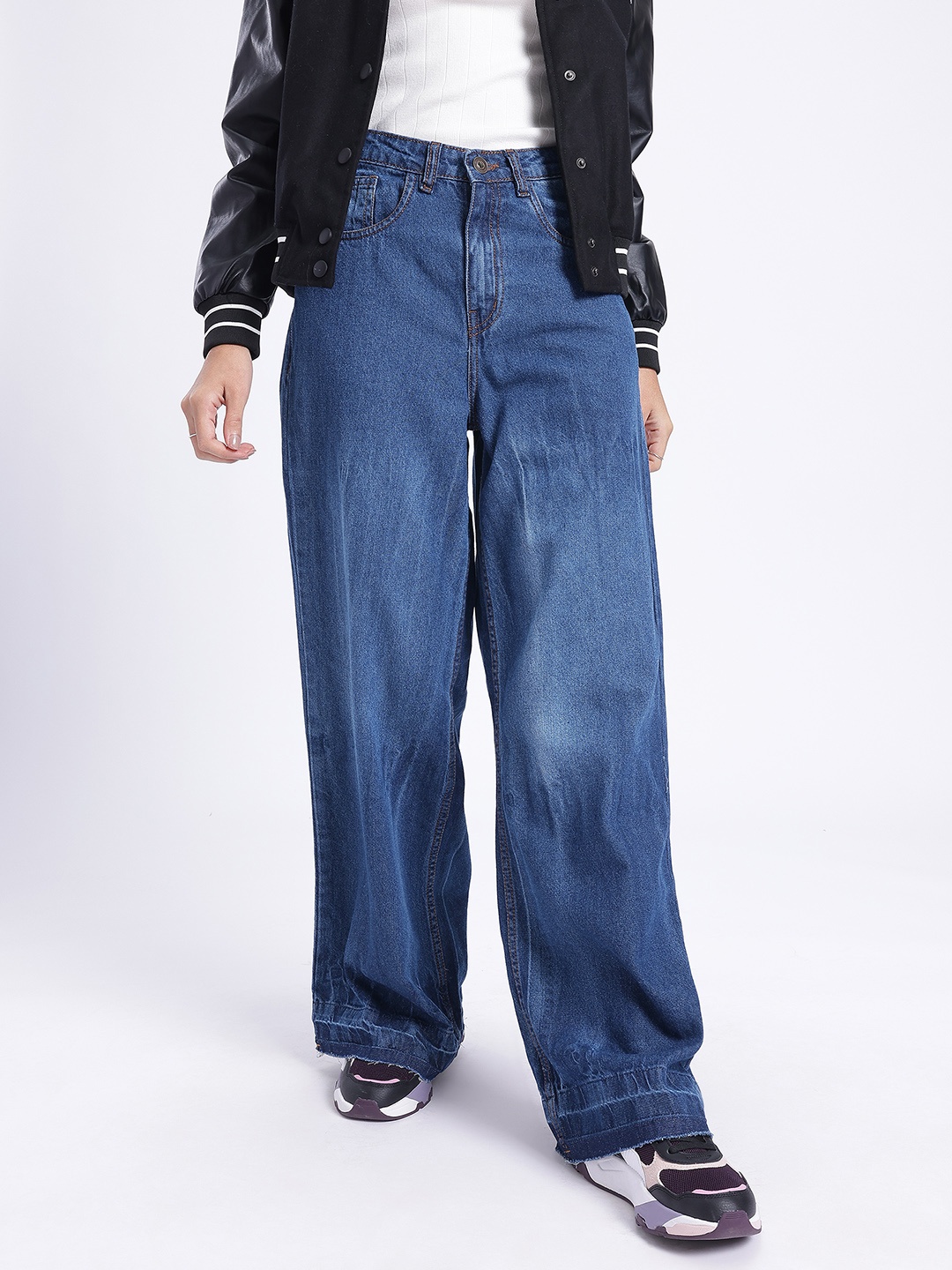 

glitchez Women Airy Fades Baggy Wide Leg Jeans, Navy blue