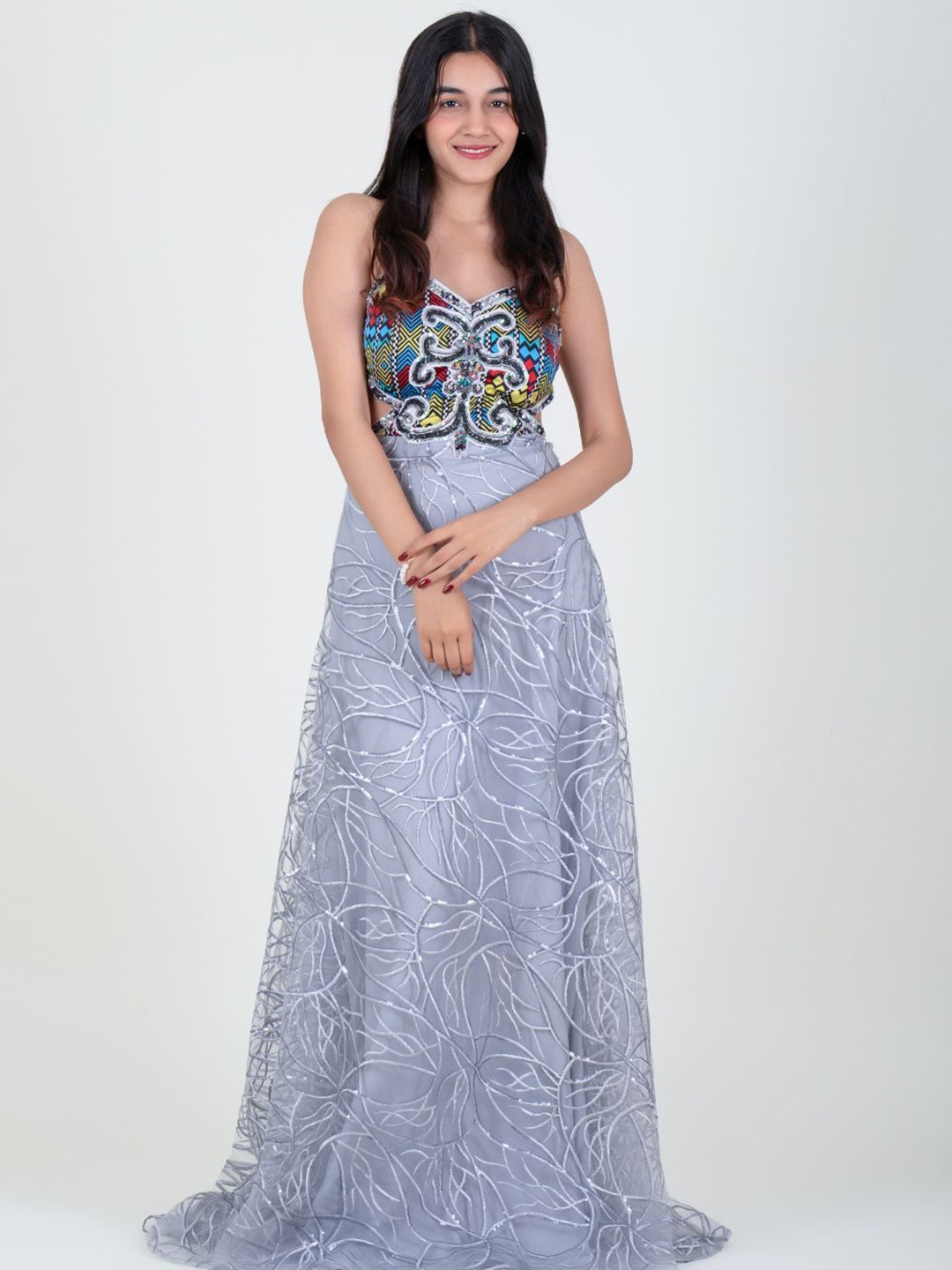 

SUNFAIRY Embroidered Fit & Flare Maxi Dress, Grey