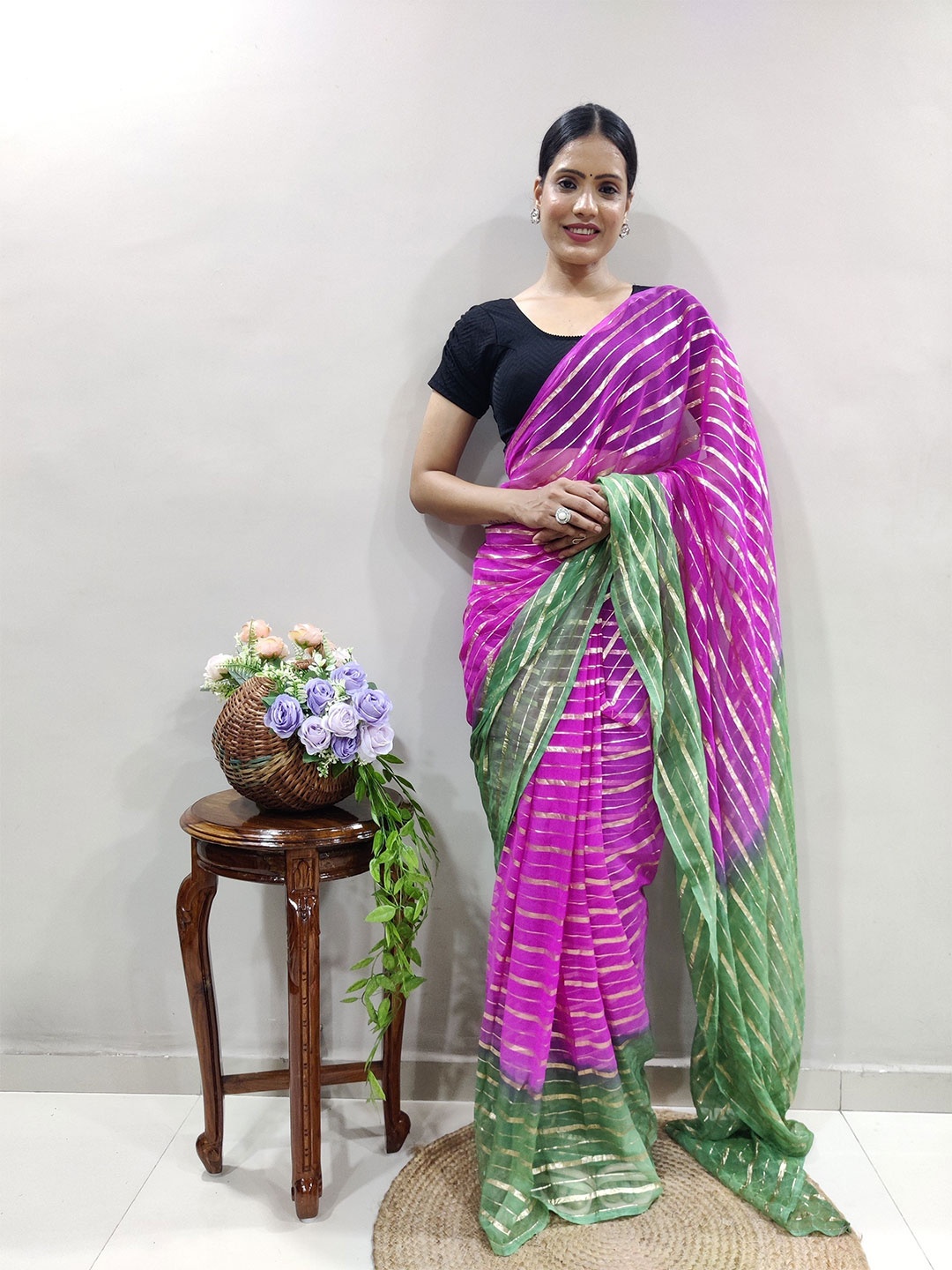 

Upalksh Embroidered Striped Kota Saree, Pink