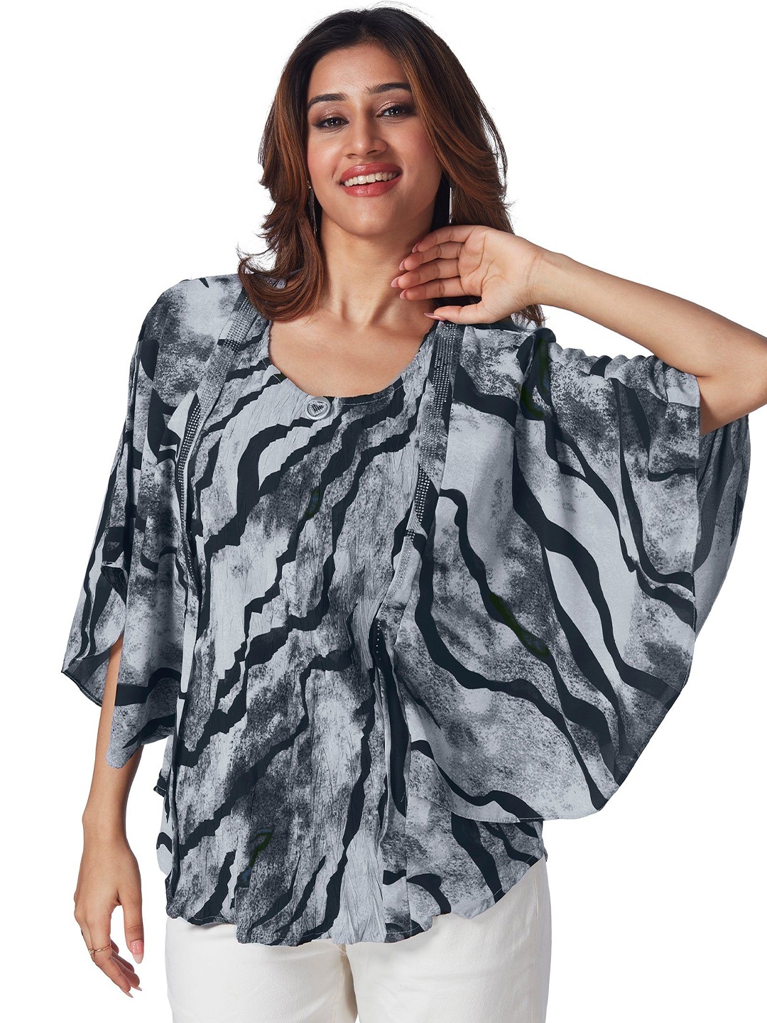 

FREYAA Printed Kimono Sleeve Kaftan Top, Grey