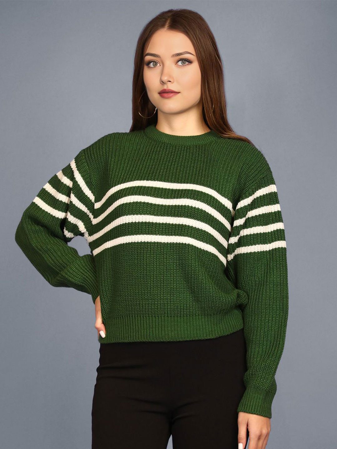 

CHKOKKO Women Striped Round Neck Pullover Woollen Sweater, Green