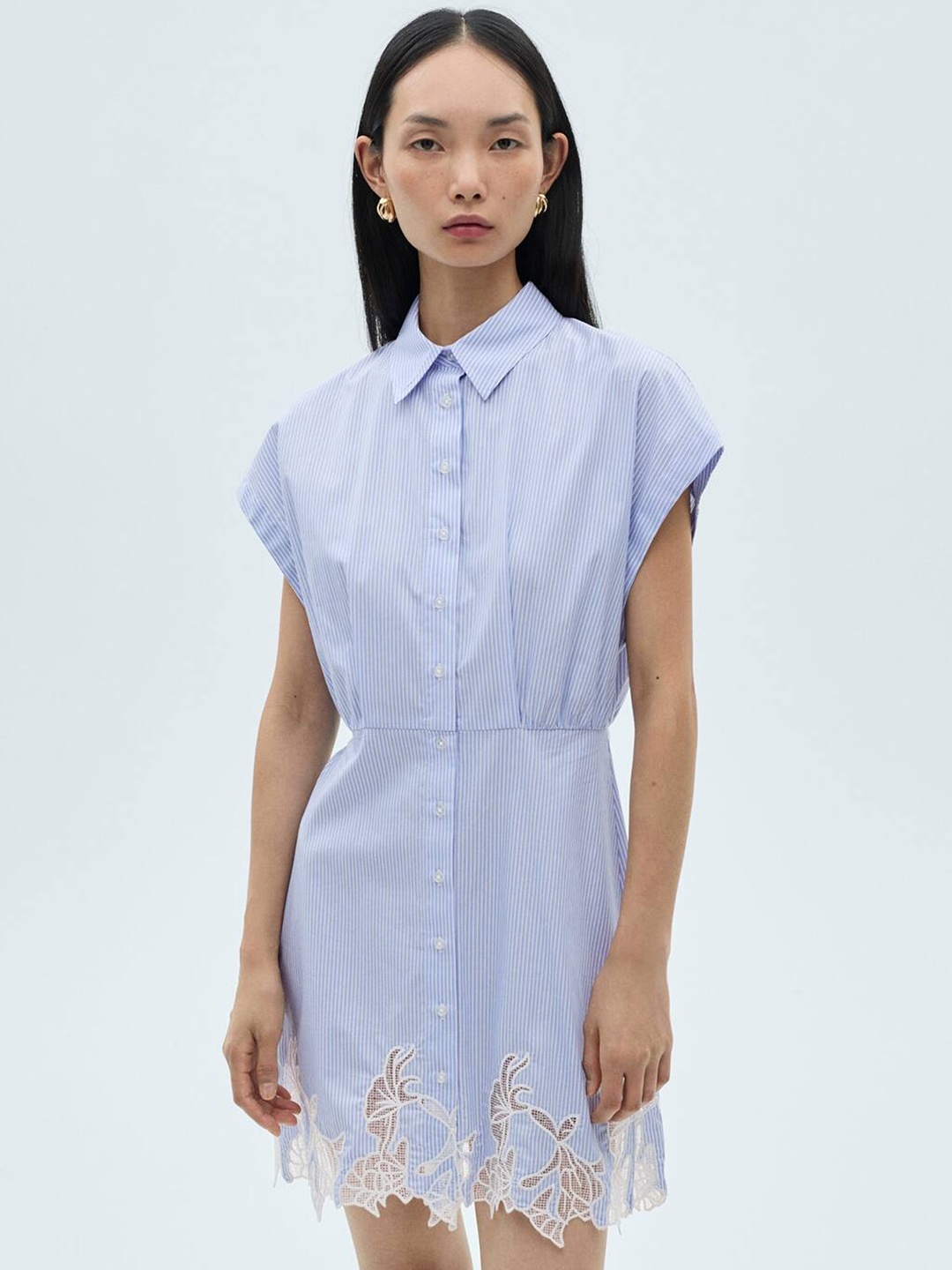 

MANGO Vertically Striped Extended Sleeves Lace Insert Detail Mini Shirt Dress, Blue