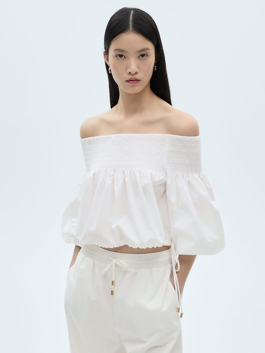 

MANGO Smocked Gathered Detail Off-Shoulder Pure Cotton Crop Blouson Top, White