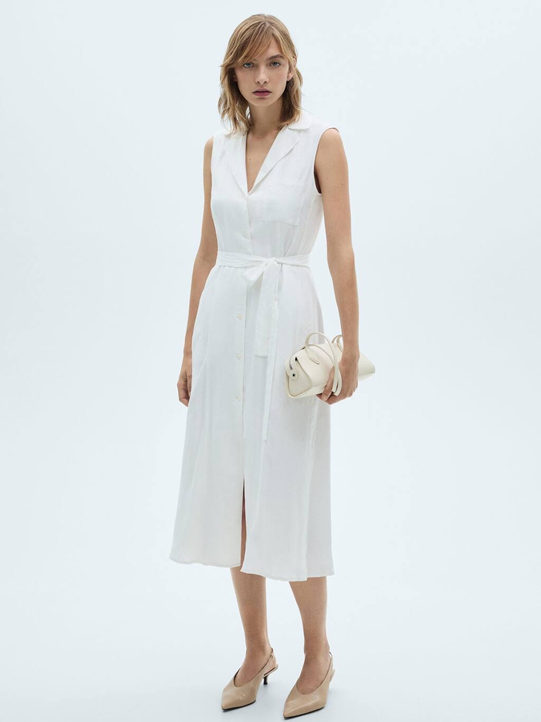 

MANGO Belted Shirt Midi Dress, White