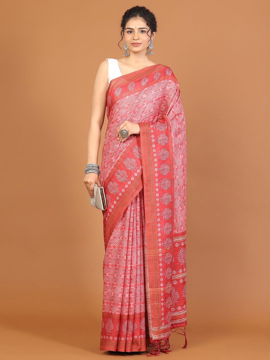 

Meena Bazaar Art Silk Designer Tussar Saree, Peach