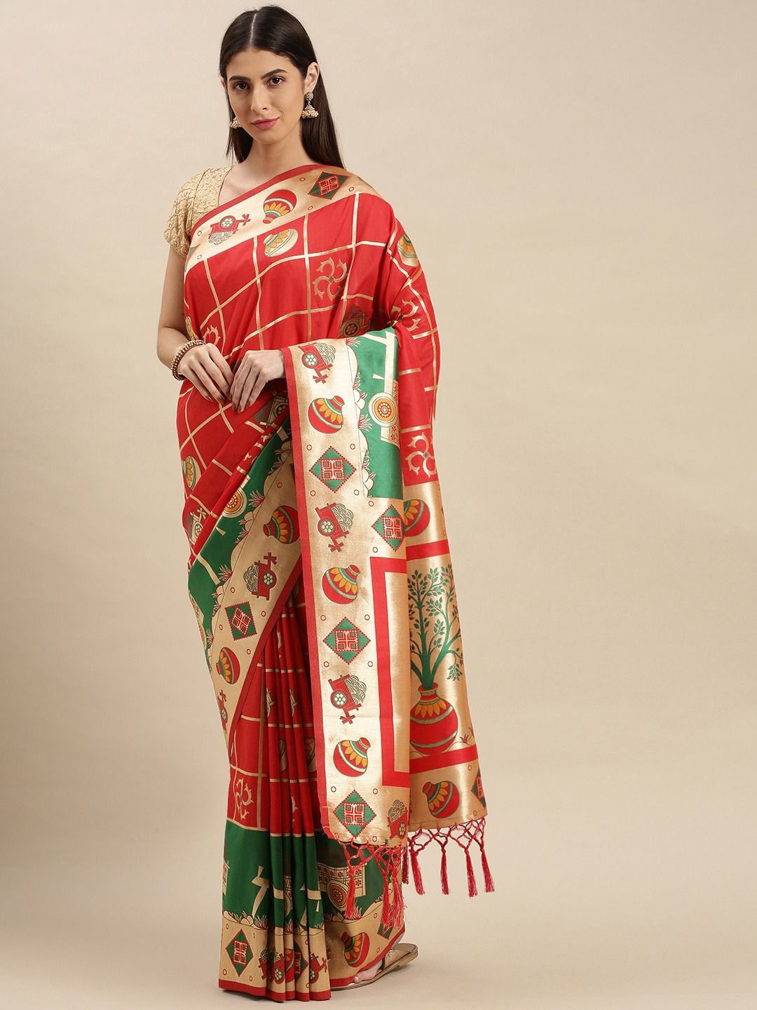 

flaher Woven Design Banarasi Saree, Red