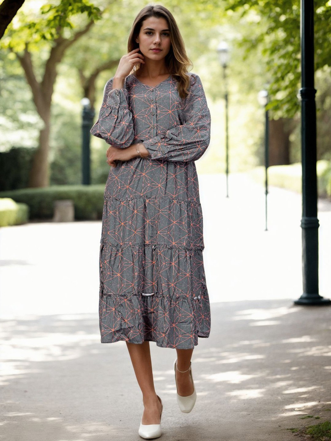 

Bucciato Private Limited Printed Fit & Flare Midi Dress, Grey
