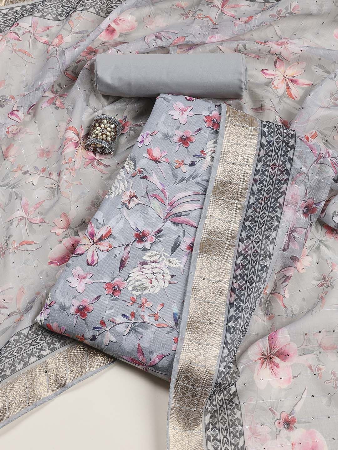 

Meena Bazaar Printed Linen Unstitched Dress Material, Grey
