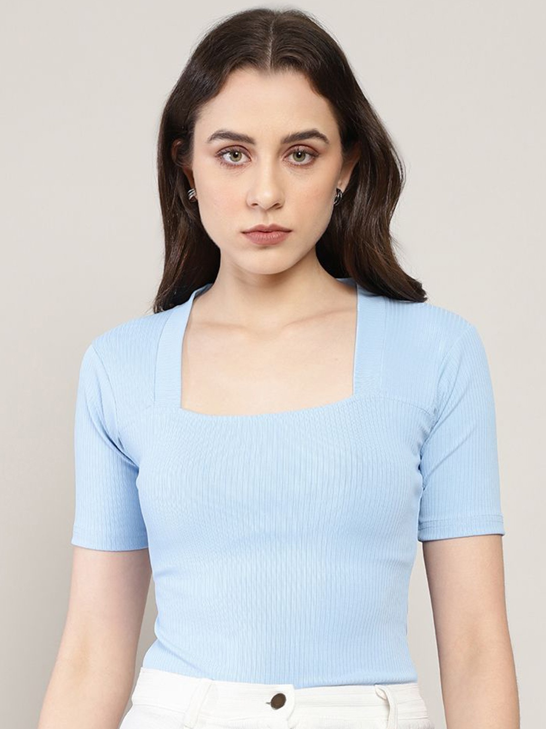 

AVANOVA Women Square Neck Sheen Fitted Top, Turquoise blue