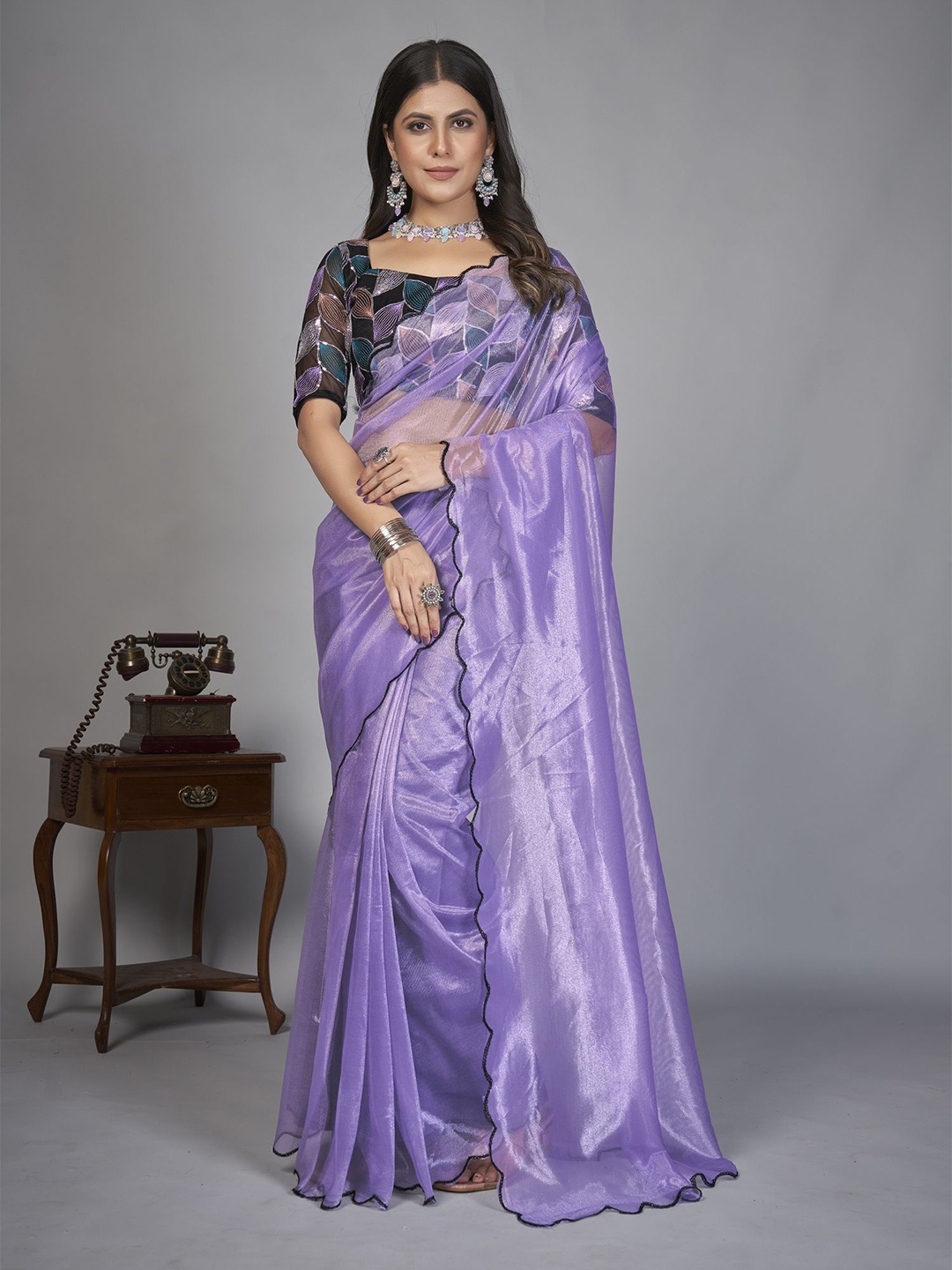 

A TO Z CART Embroidered Organza Saree, Lavender