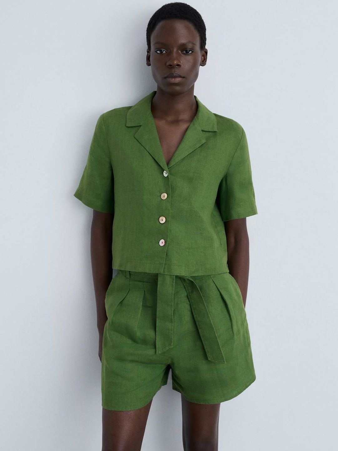 

MANGO Pure Linen Lapel Collar Shirt, Green
