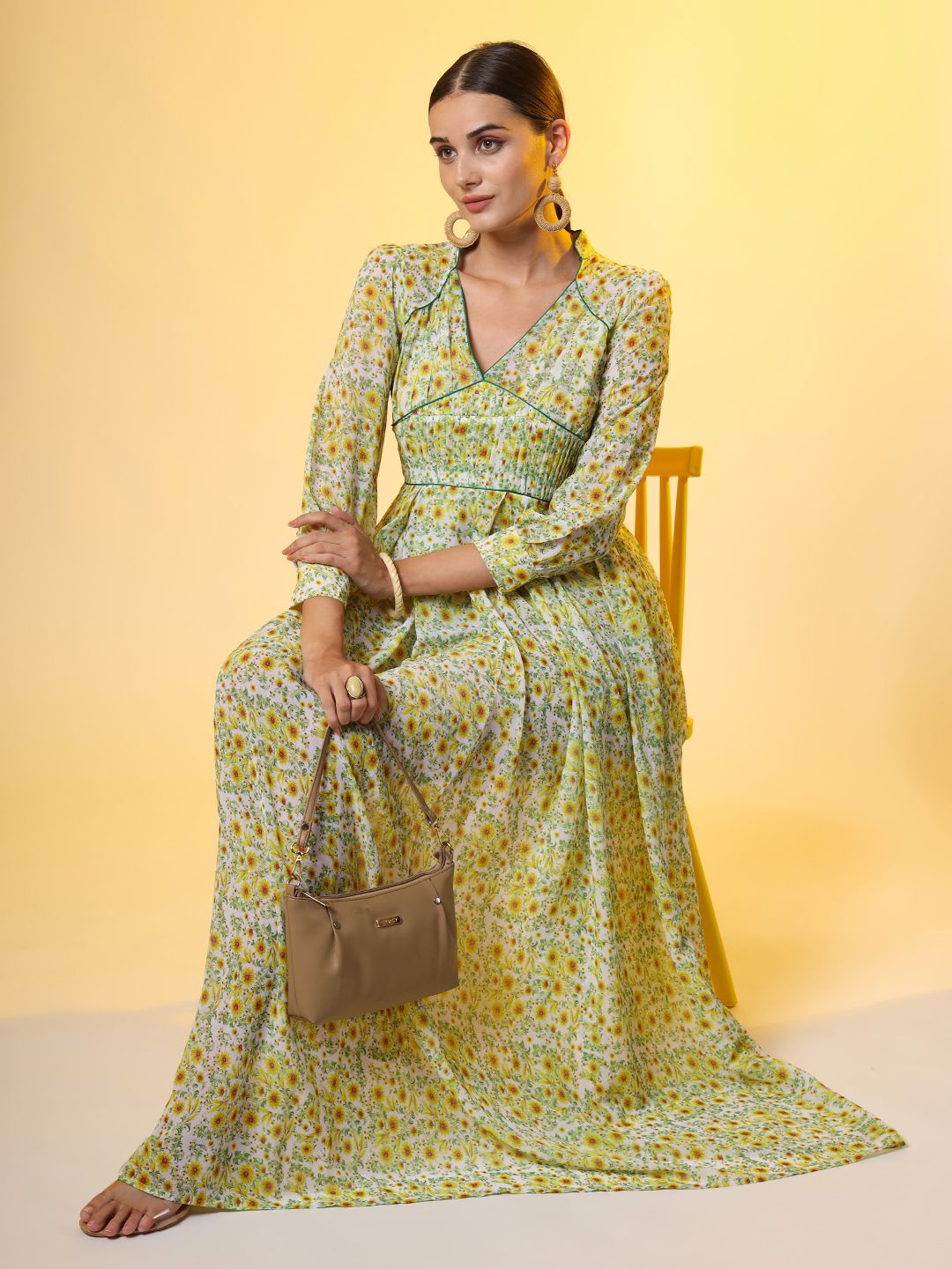 

SUFIZA LIFESTYLE Women Floral Printed Cuffed Sleeves Empire Maxi Dress, Green