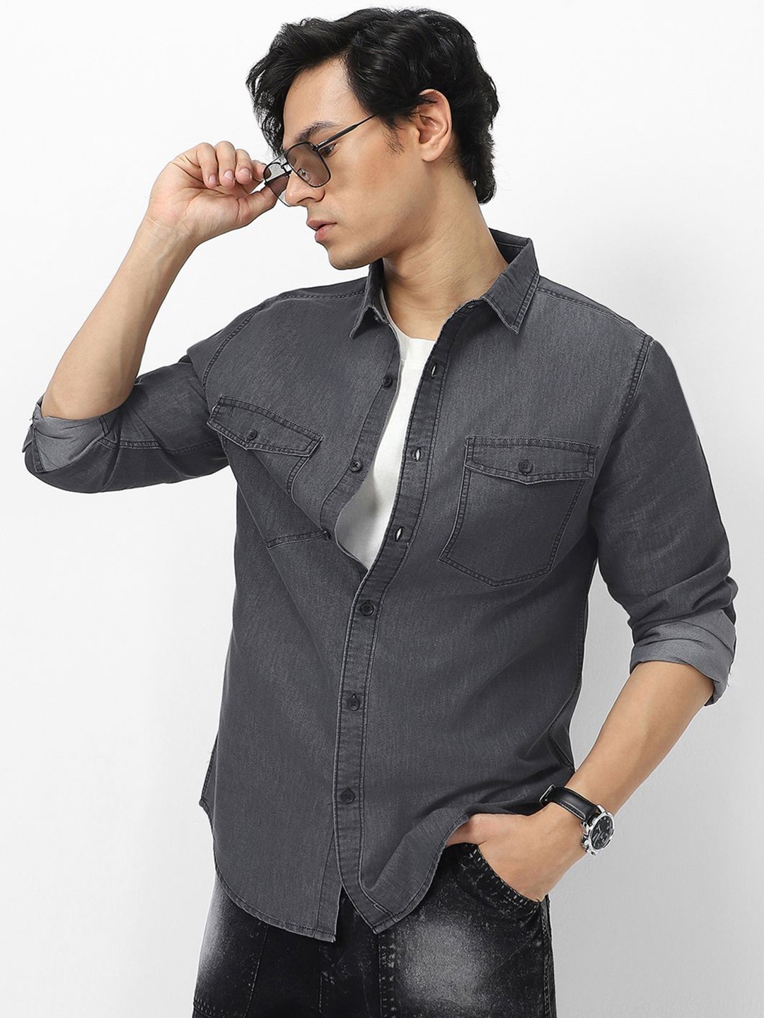 

Urbano Fashion Men Full Sleeve Regular Fit Casual Denim Shirt, Grey