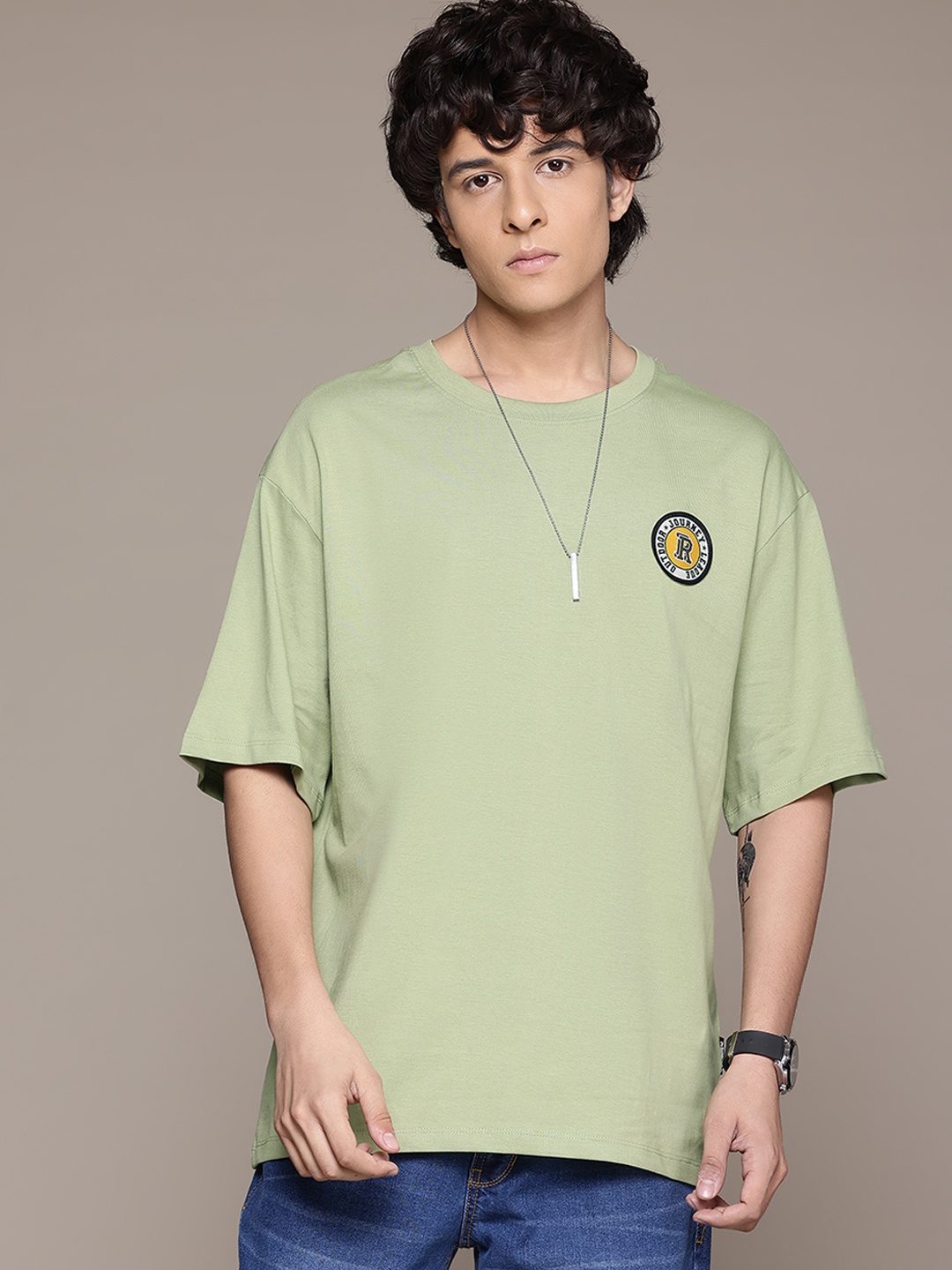 

The Roadster Lifestyle Co. Applique Detail Drop-Shoulder Pure Cotton Relaxed Fit T-shirt, Green