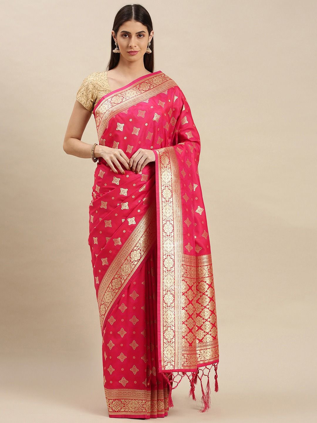 

flaher Woven Design Zari Banarasi Saree With Blouse Piece, Pink