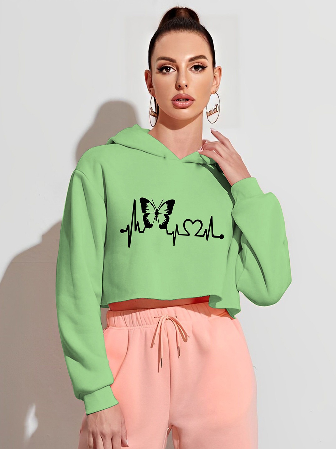 

Kushi Flyer Women Printed Crop Long Sleeves Hooded Pullover Sweatshirt, Green