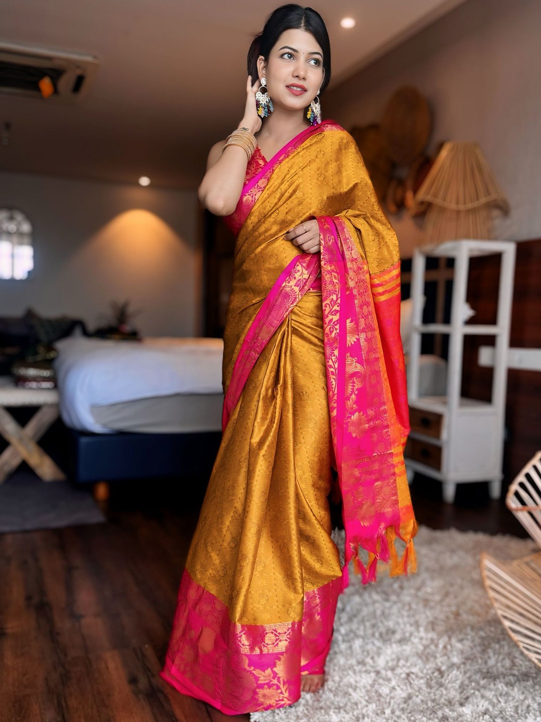 

A TO Z CART Woven Design Pure Silk Kanjeevaram Saree, Mustard