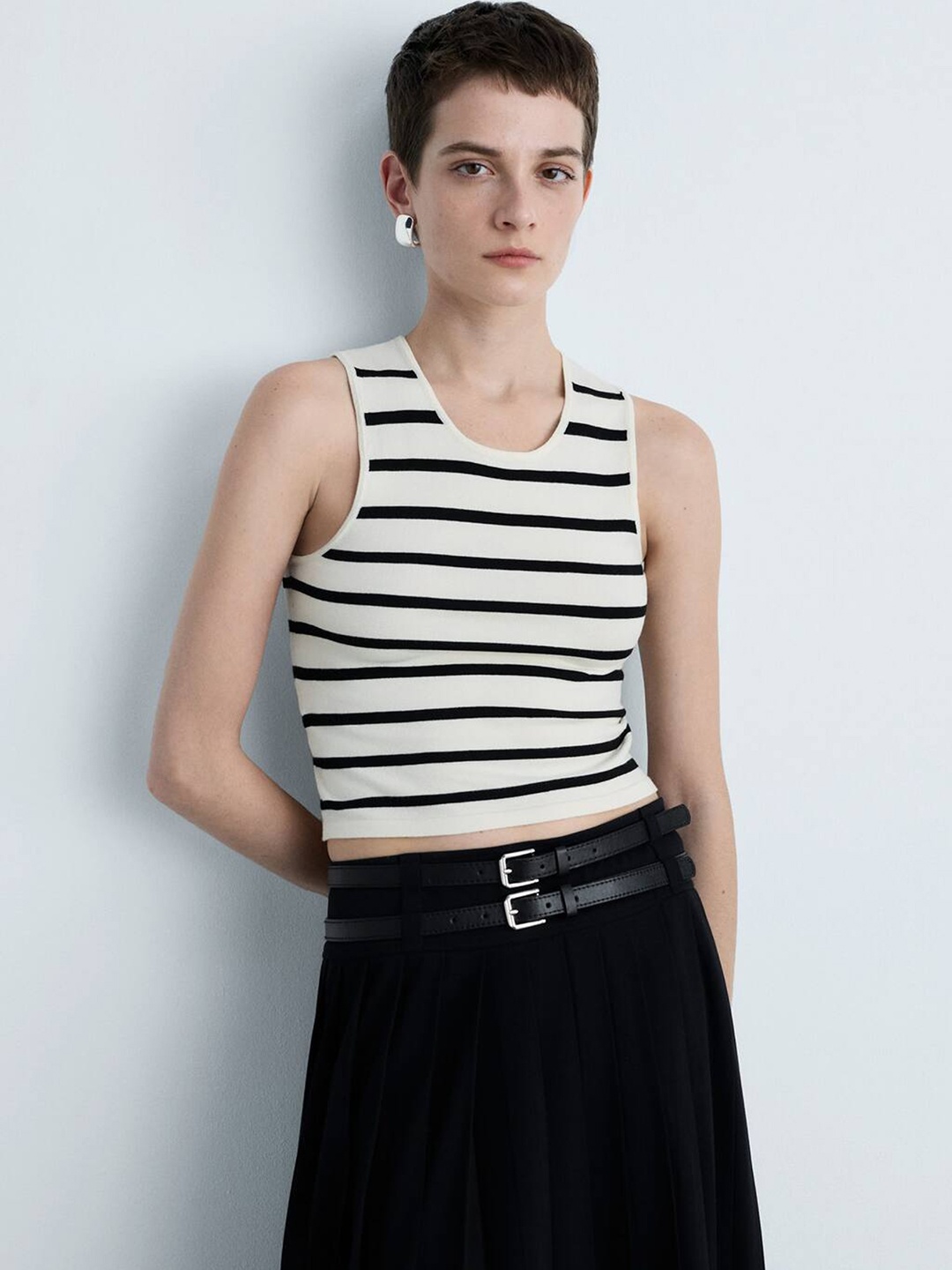 

MANGO Striped Knitted Crop Top, White