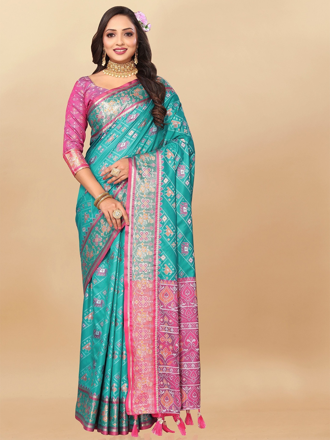 

Upalksh Ethnic Motifs Printed Pure Cotton Patola Saree, Blue