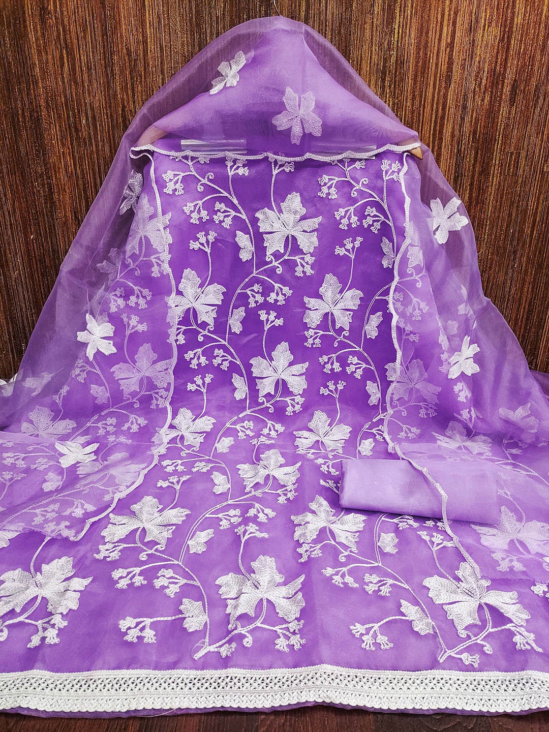 

KALINI Floral Embroidered Organza Unstitched Dress Material, Purple