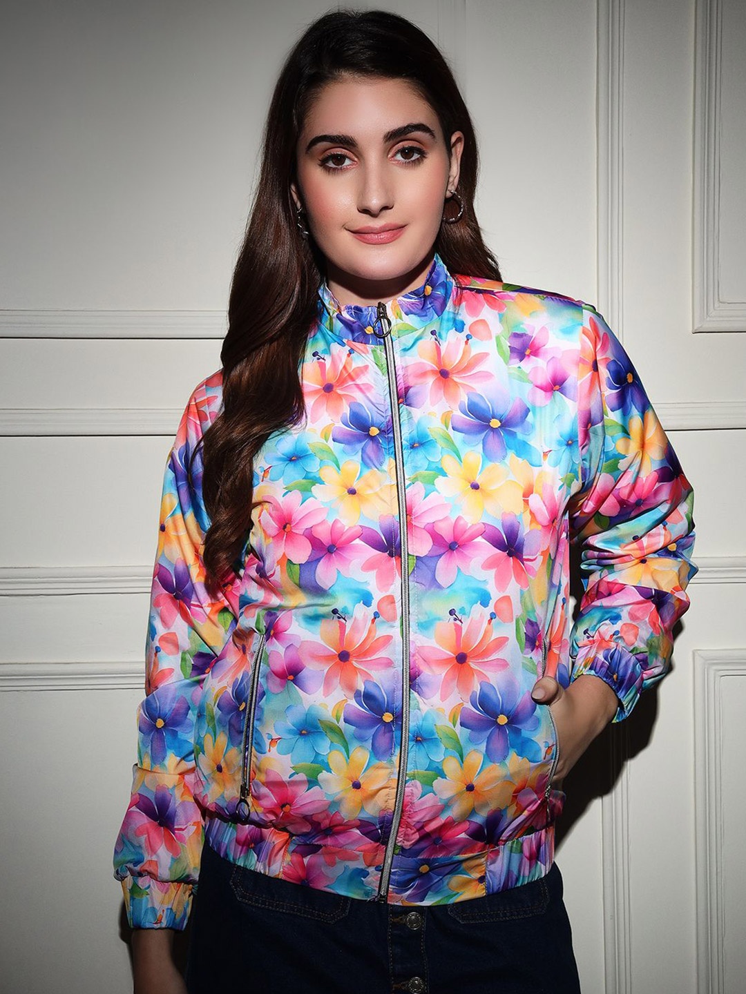 

TANDUL Women Floral Printed Lightweight Bomber Jacket, Purple