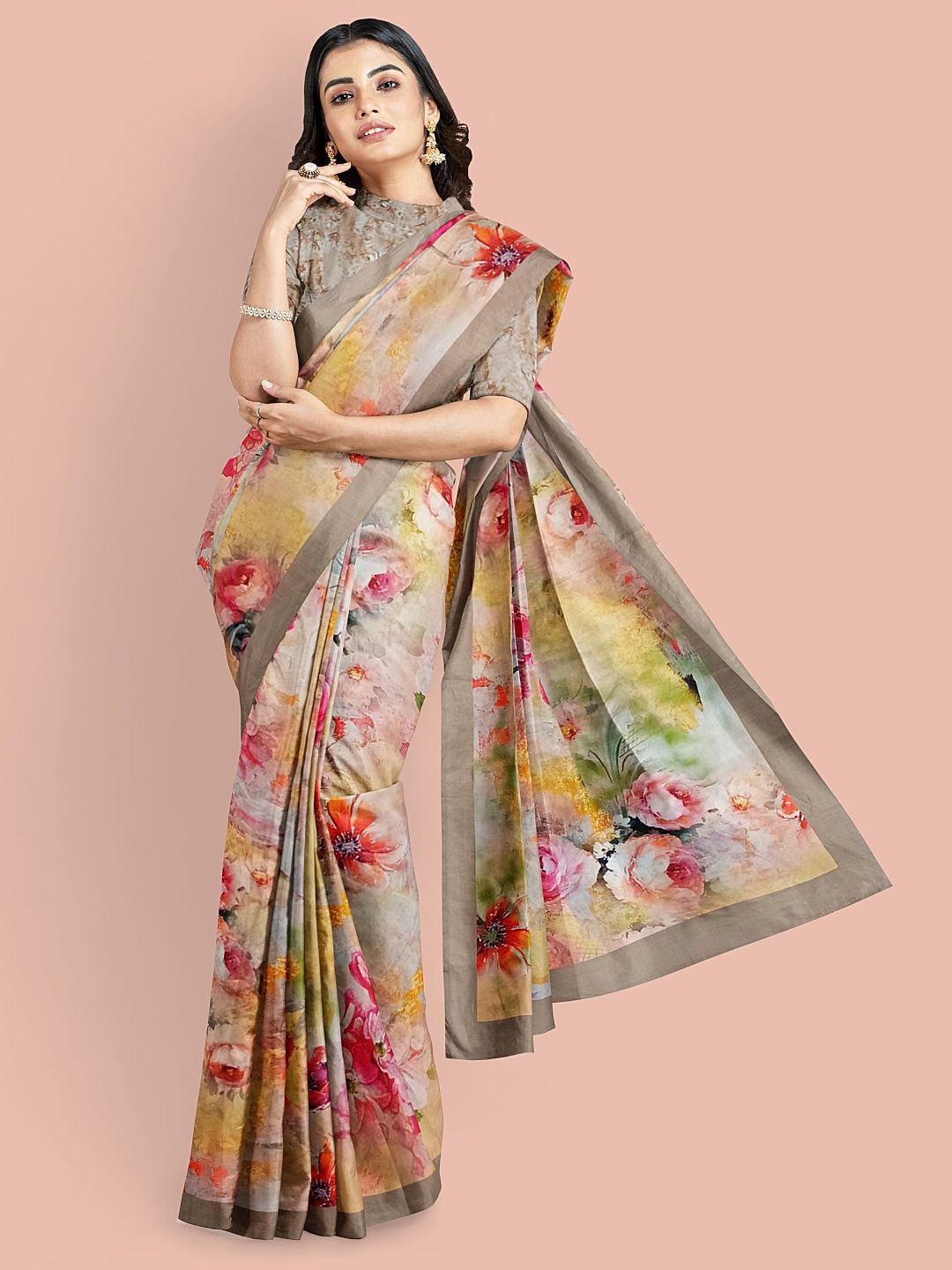 

Avyay Creation Floral Printed Saree With Blouse Piece, Beige