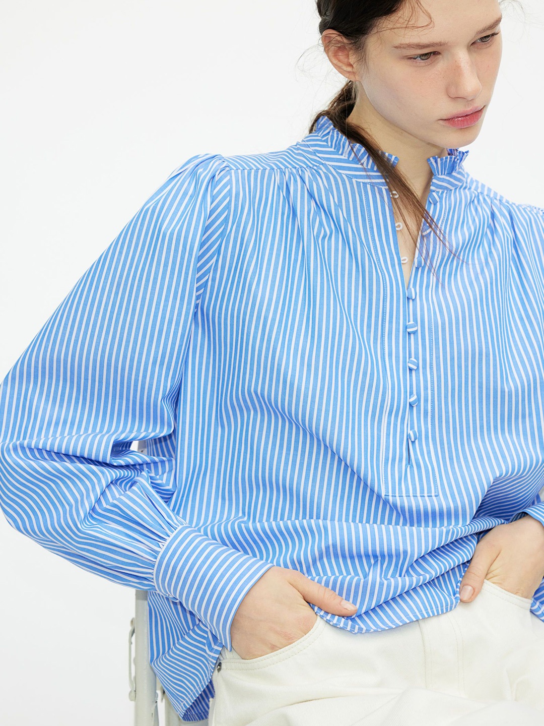 

H&M Frilled-Collar Cotton Blouse, Blue