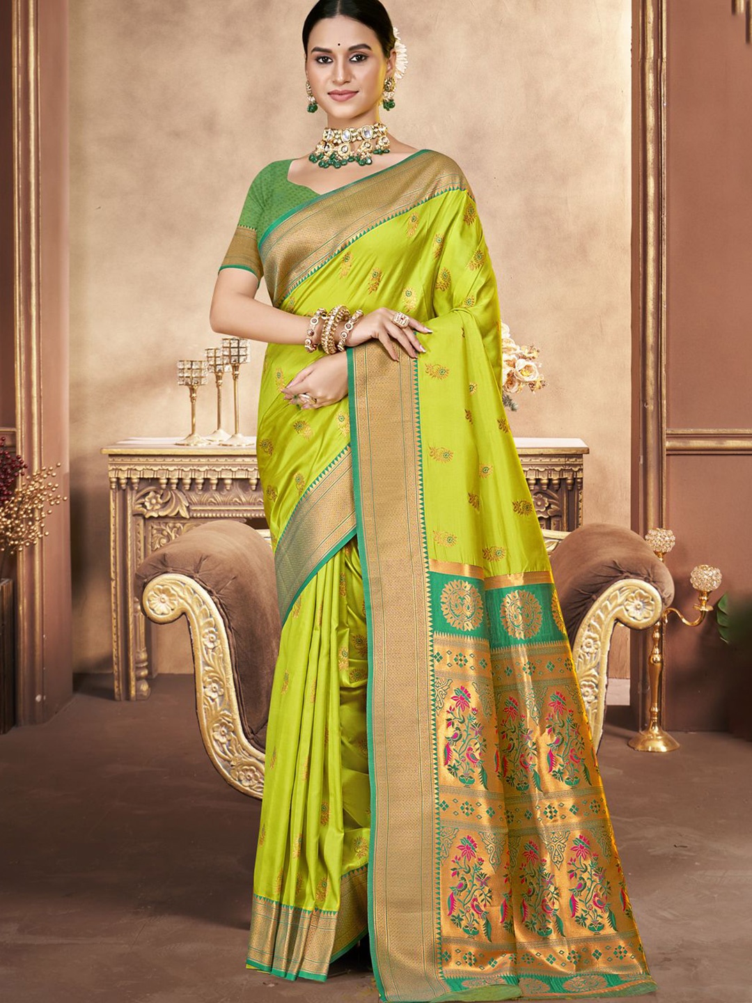 

SANGAM PRINTS Woven Design Zari Banarasi Saree, Sea green